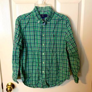 Polo - boys long sleeve button down shirt - green plaid - size 10/12